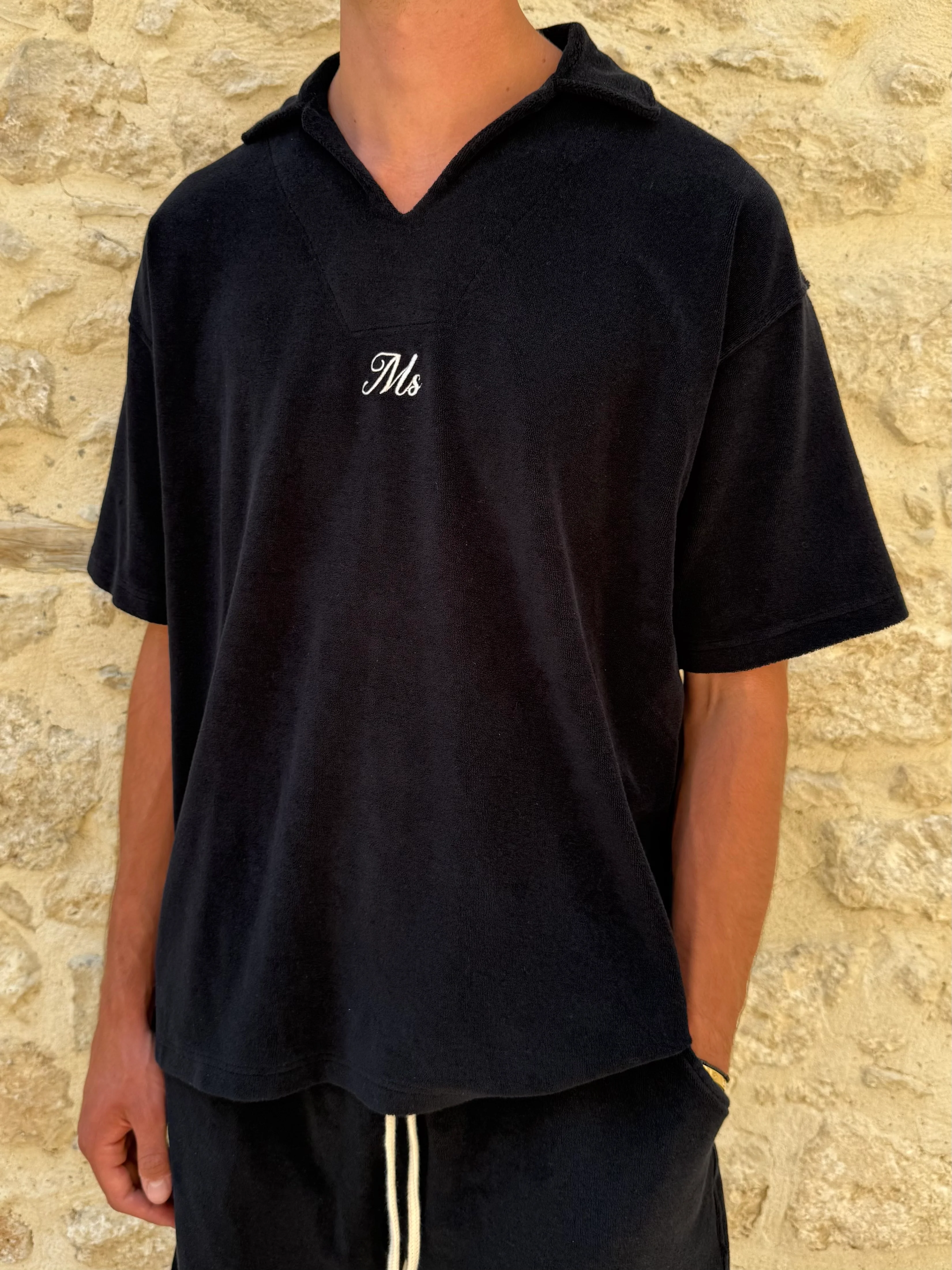 Black Towelling V Neck Polo. - Image 2