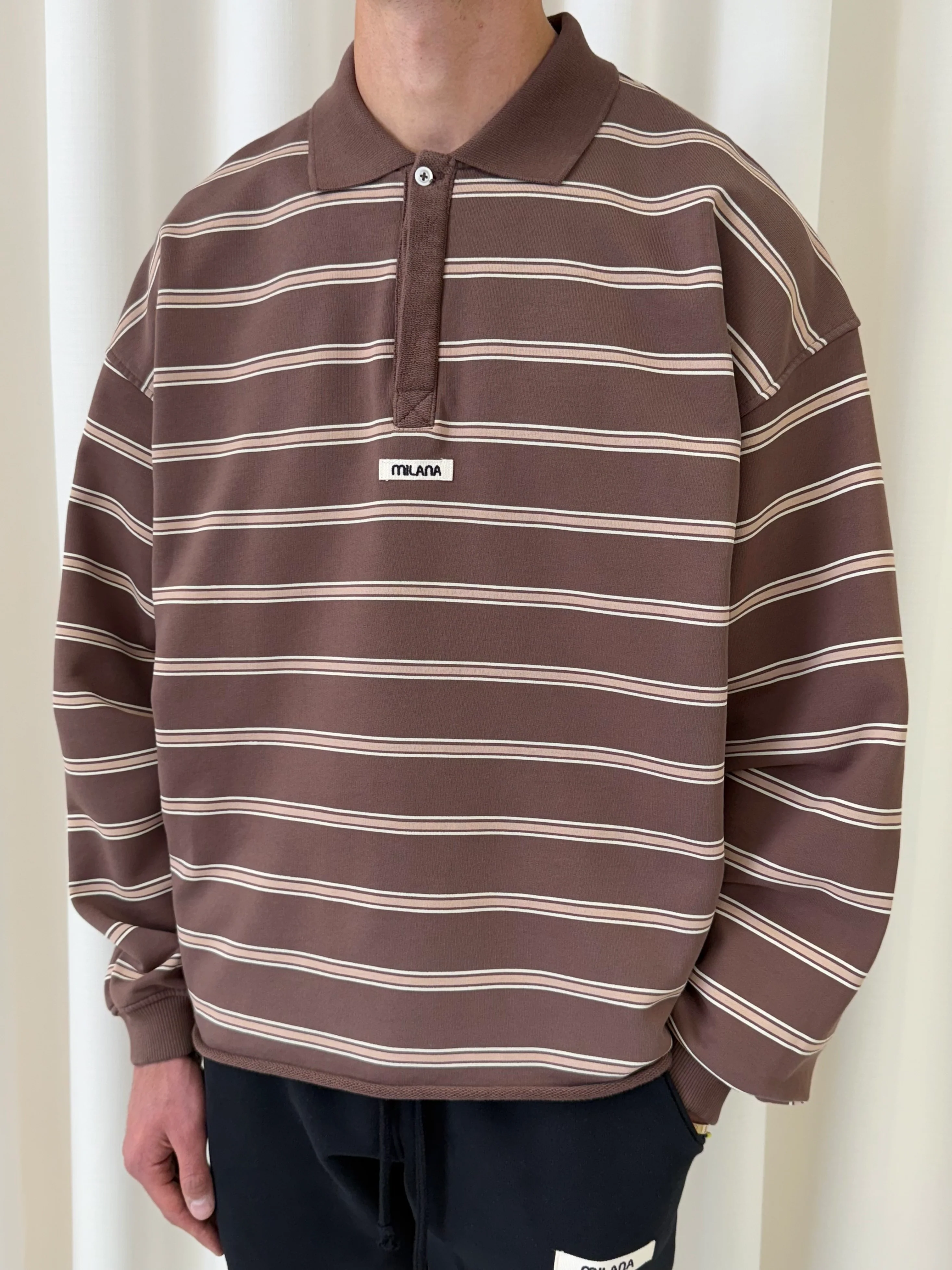 Brown Striped Open Hem Polo Sweatshirt. - Image 2