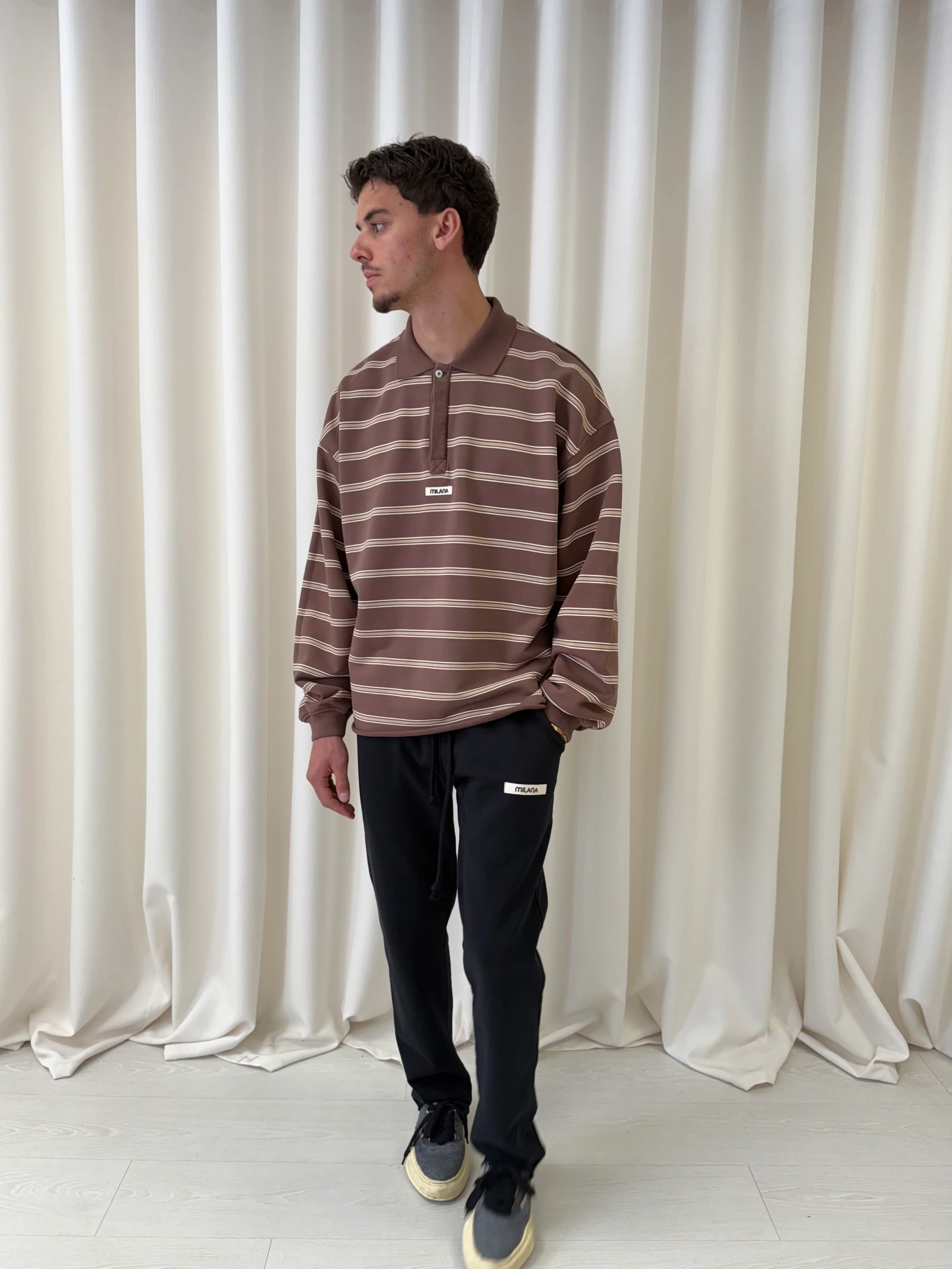 Brown Striped Open Hem Polo Sweatshirt. - Image 4
