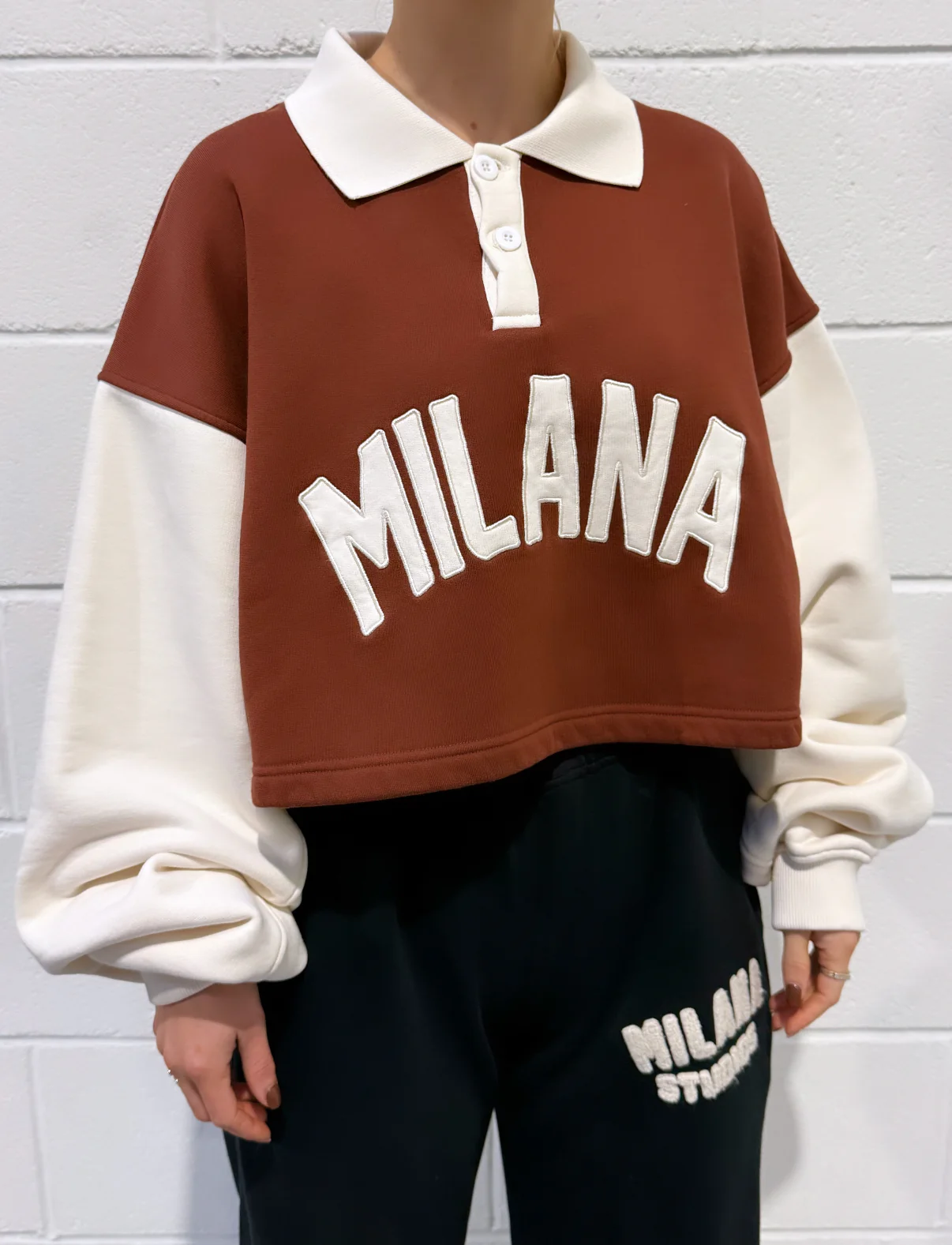Burgundy Milana Button Cropped Heavyweight Polo Sweat. - Image 2