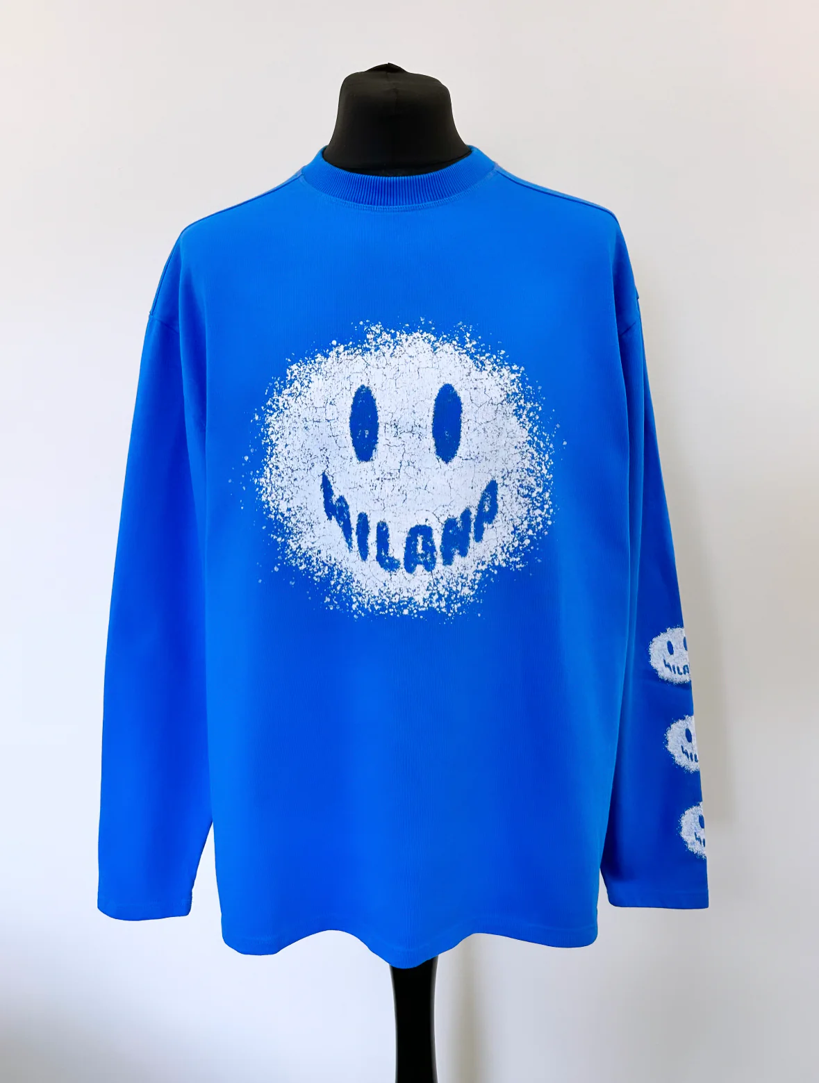 #A66 Cobalt Blue Splatter Smiley Heavyweight Long Sleeve T-shirt.