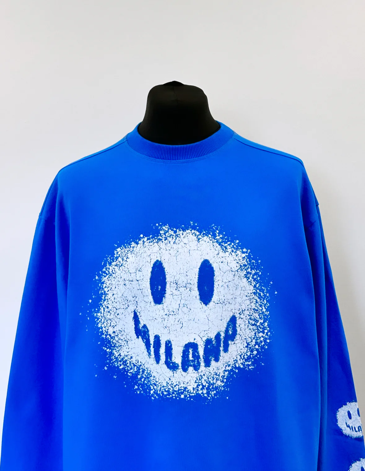 #A66 Cobalt Blue Splatter Smiley Heavyweight Long Sleeve T-shirt. - Image 2