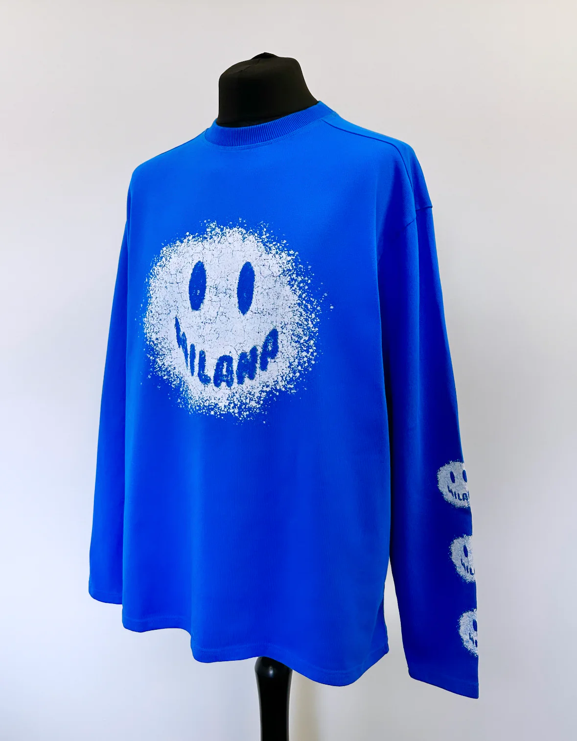#A66 Cobalt Blue Splatter Smiley Heavyweight Long Sleeve T-shirt. - Image 3