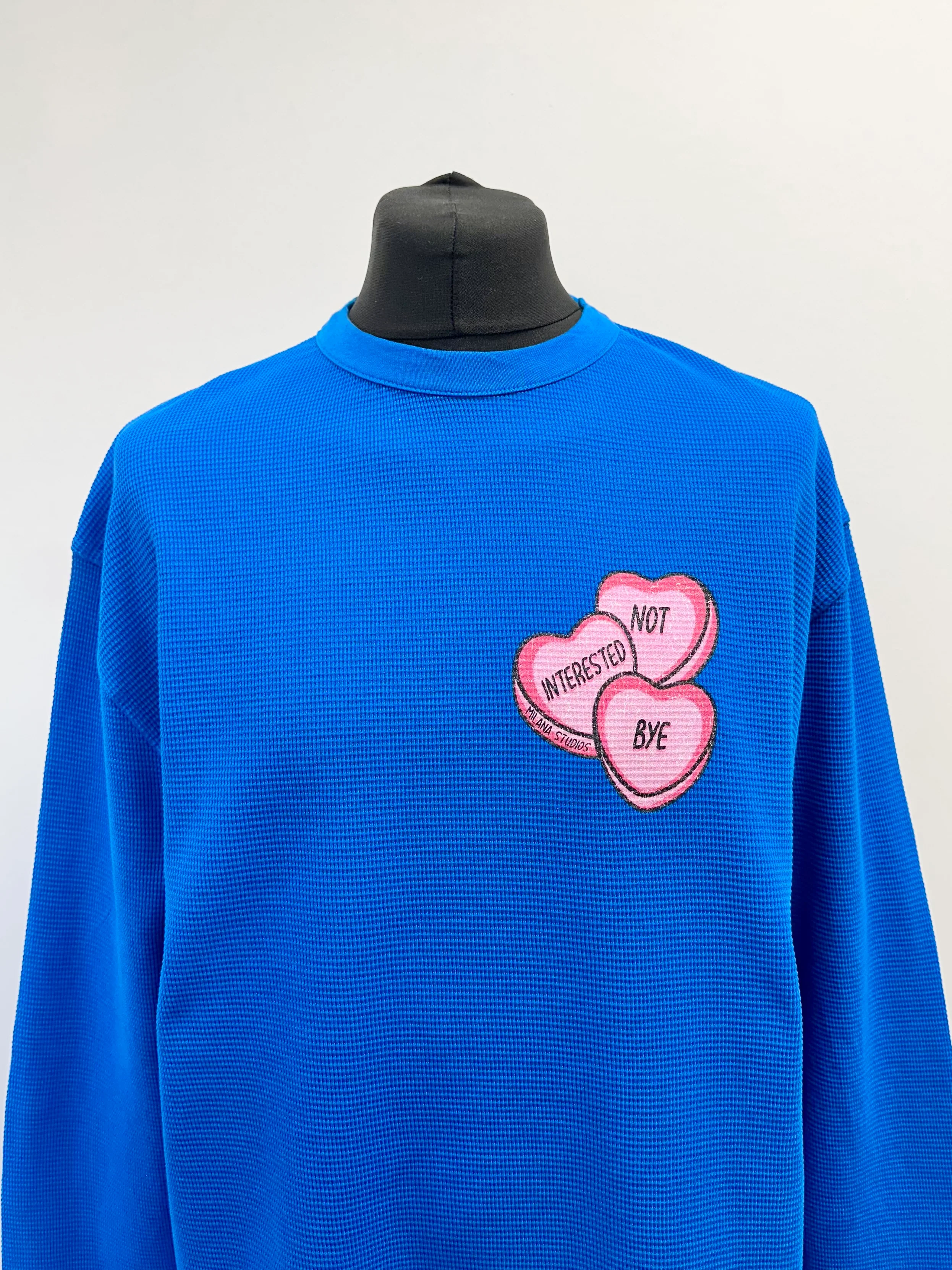 Cobalt Blue Waffle Heavyweight Hearts Long Sleeve T-shirt. - Image 3