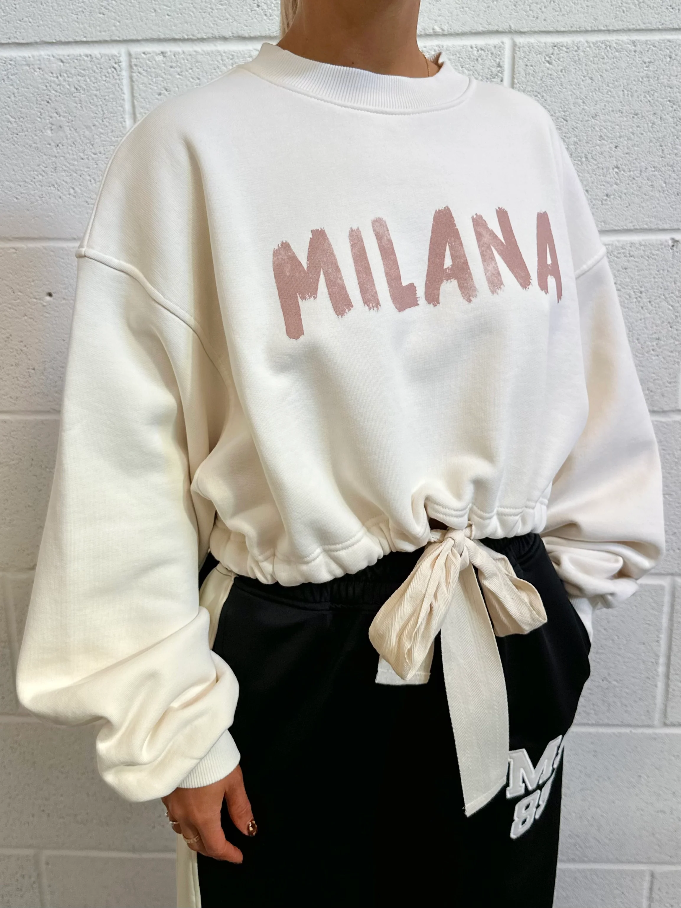 Cream Paint Cropped Ribbon Tie Sweatshirt. - Image 2