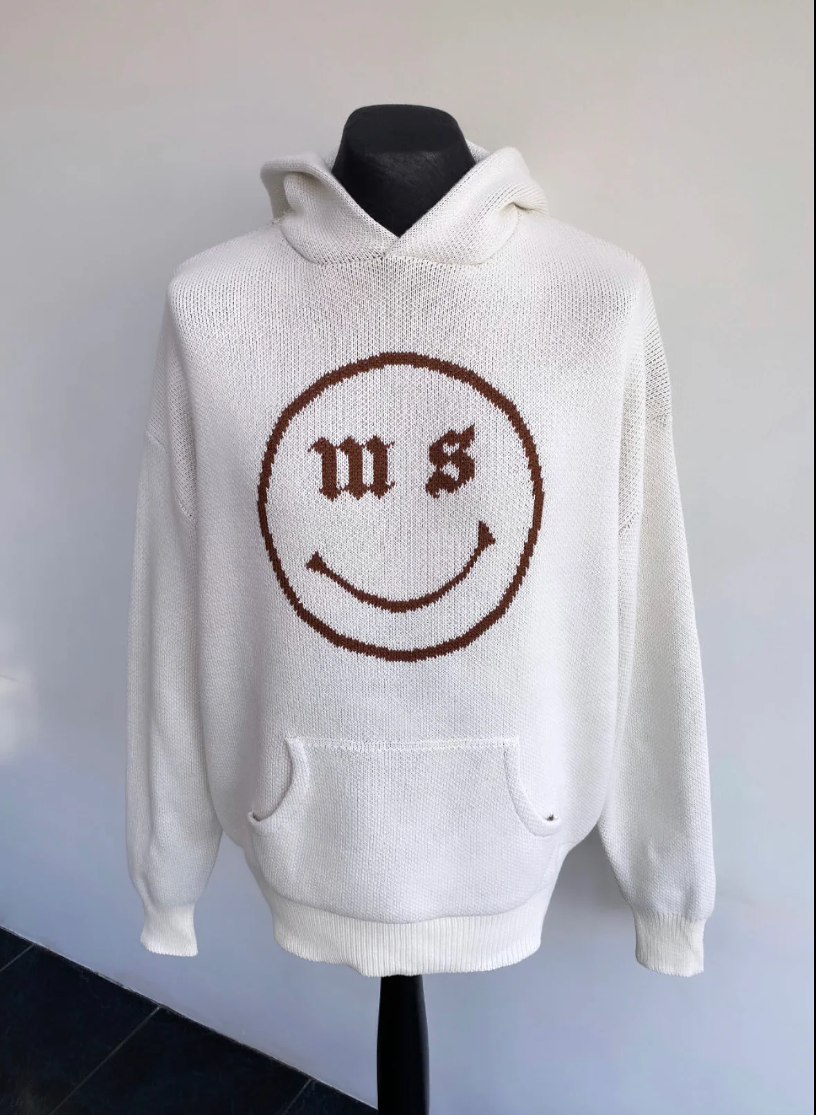 Cream Smiley Heavyweight Knit Hoodie.