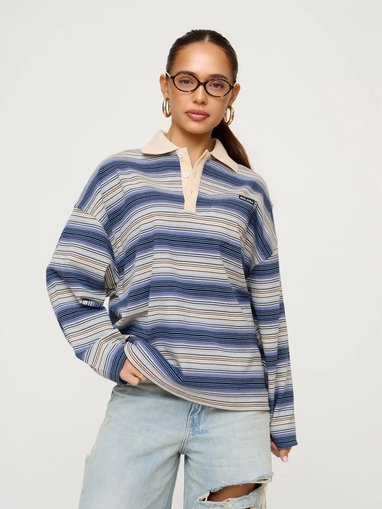 Denim Blue Striped Polo Long Sleeve.