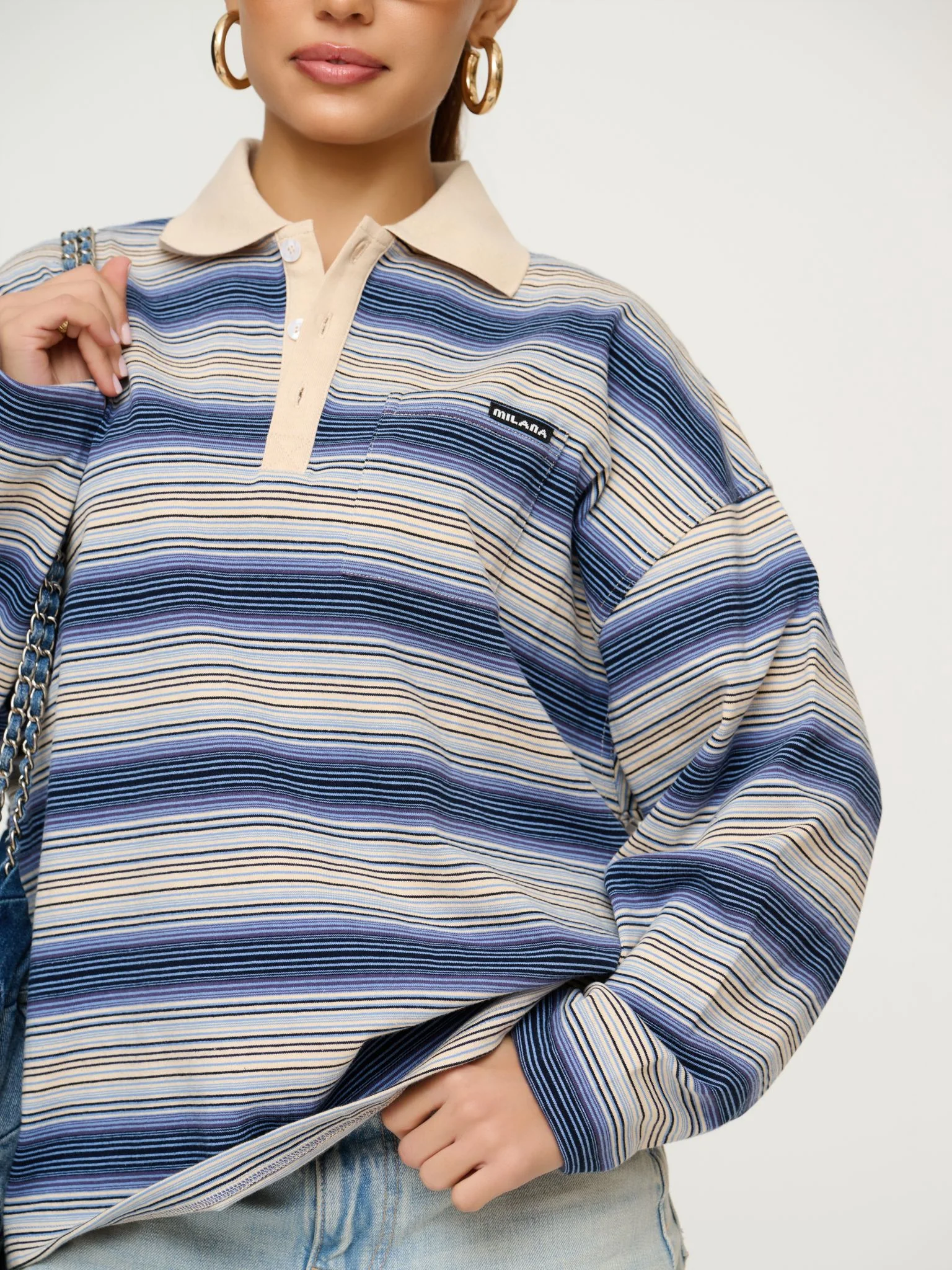 Denim Blue Striped Polo Long Sleeve. - Image 2