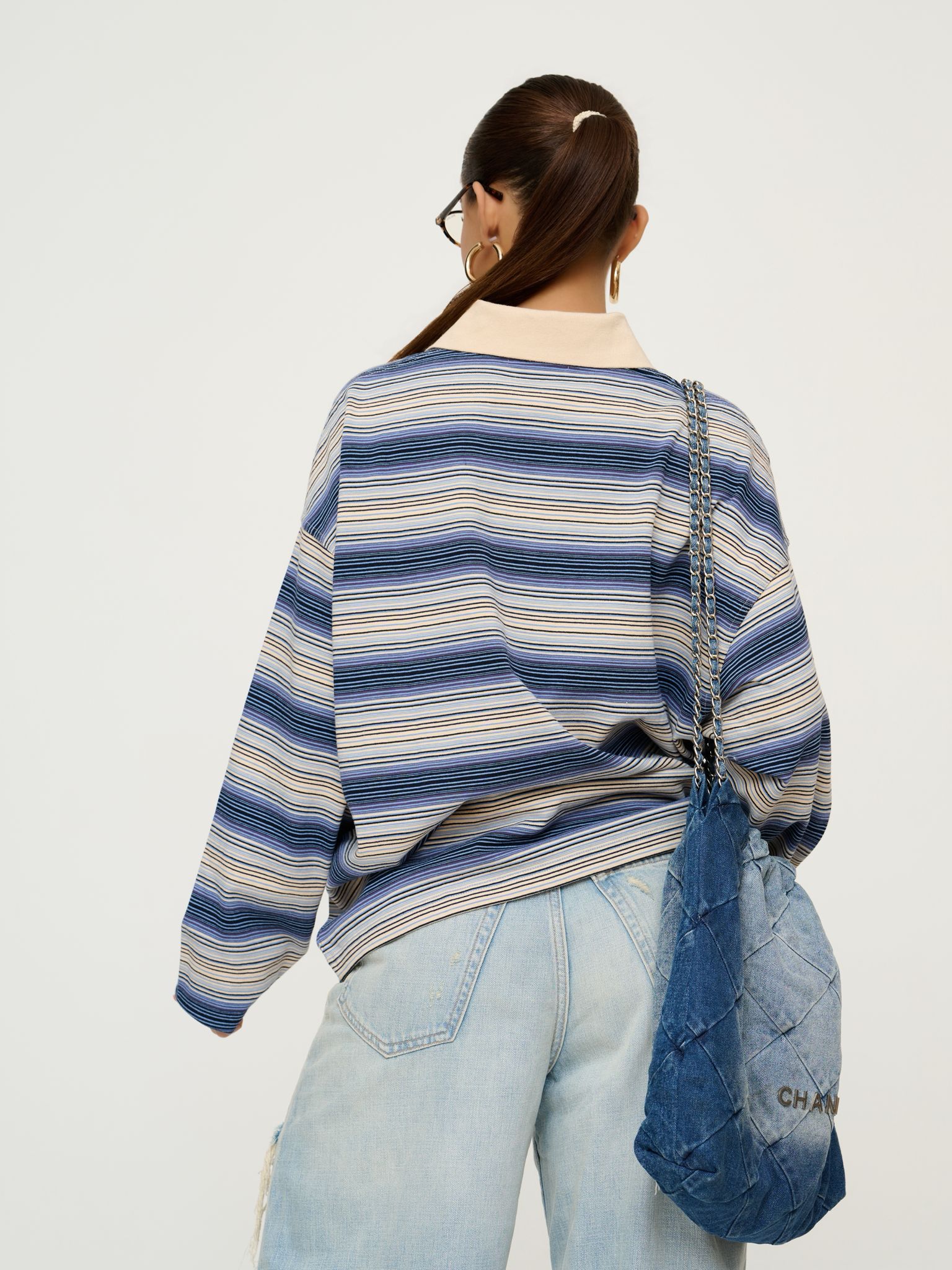 Denim Blue Striped Polo Long Sleeve. - Image 3