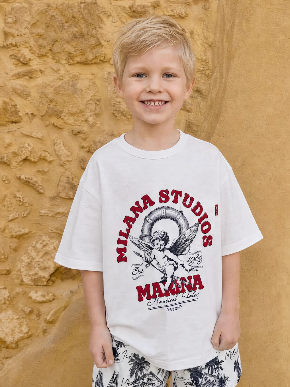 Kids White Arched Cherub Summer Slub T-Shirt.