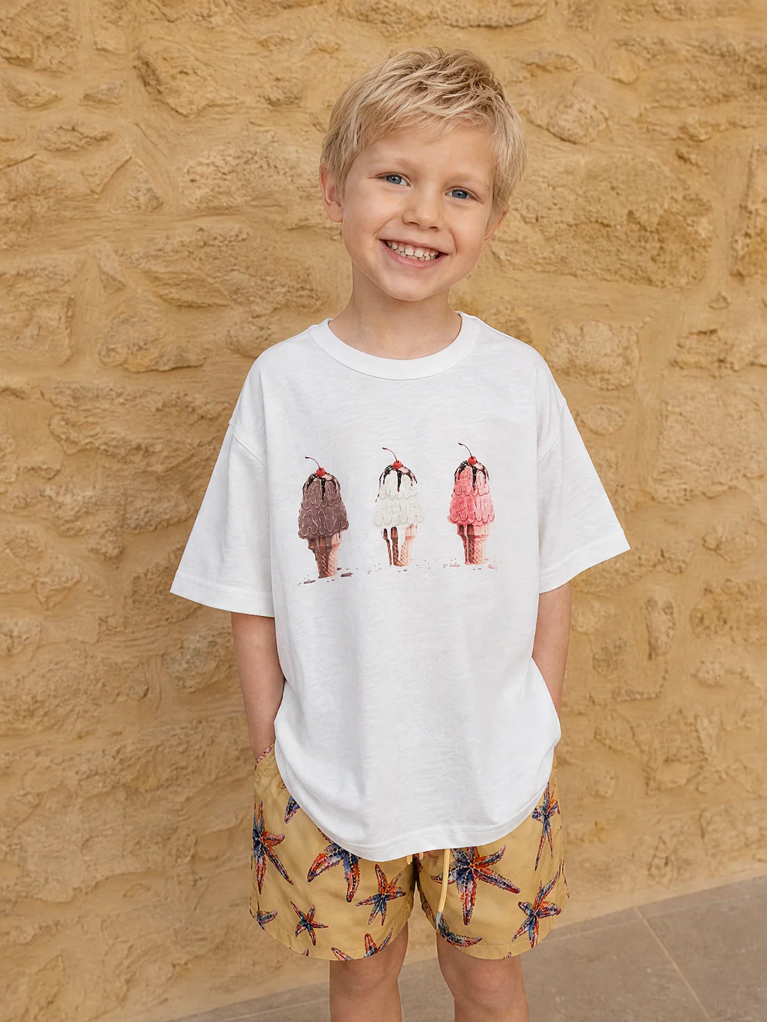 Kids White Trio Ice Cream Summer Slub T-Shirt.