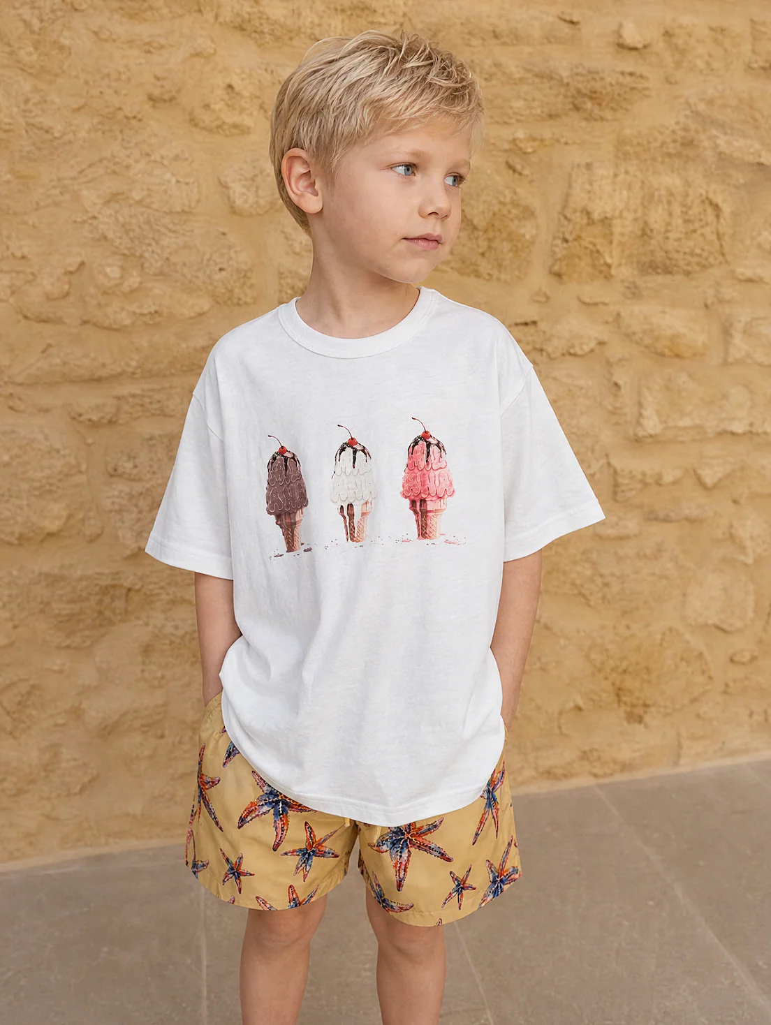 Kids White Trio Ice Cream Summer Slub T-Shirt. - Image 3