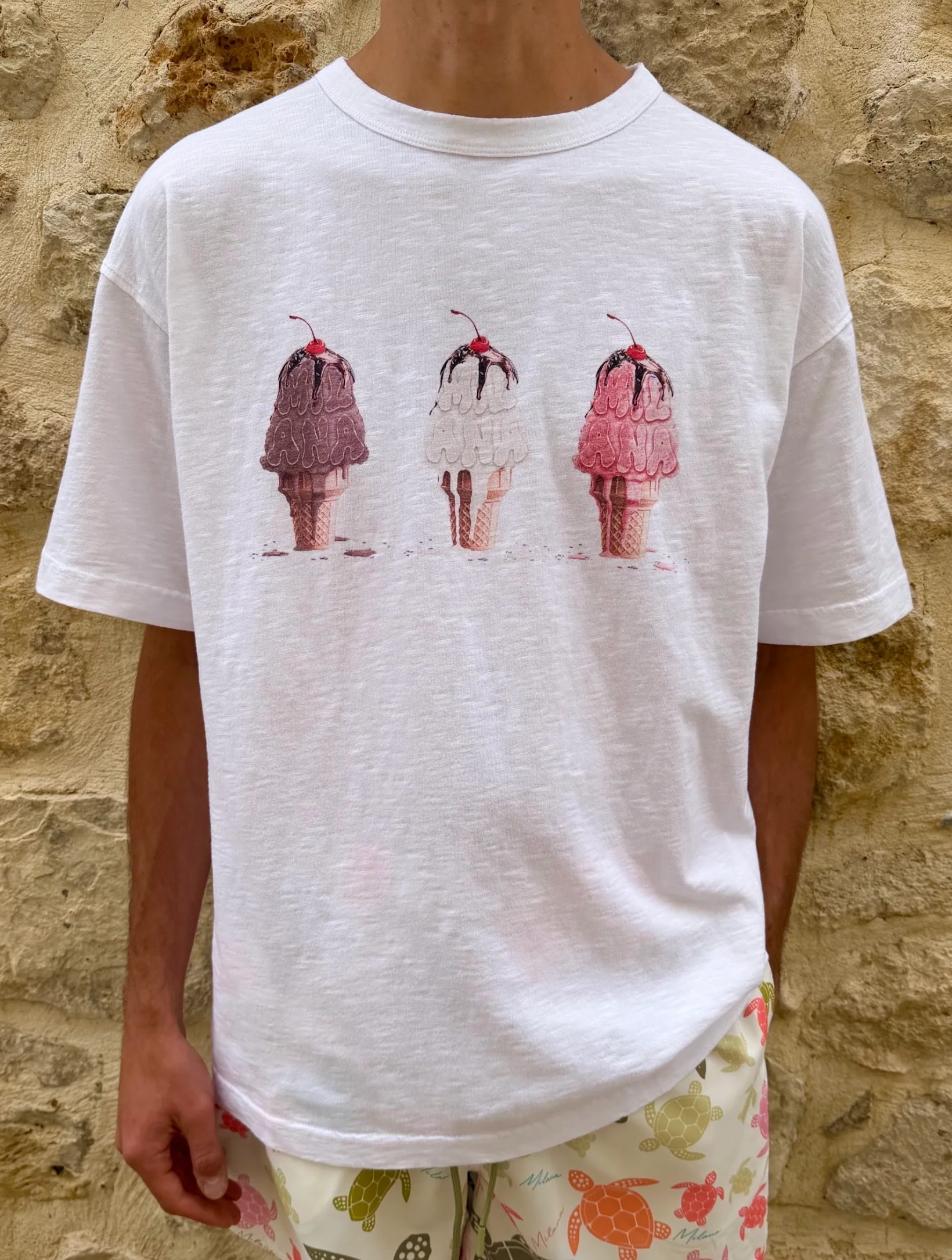 Mens White Trio Ice Cream Summer Slub T-Shirt.