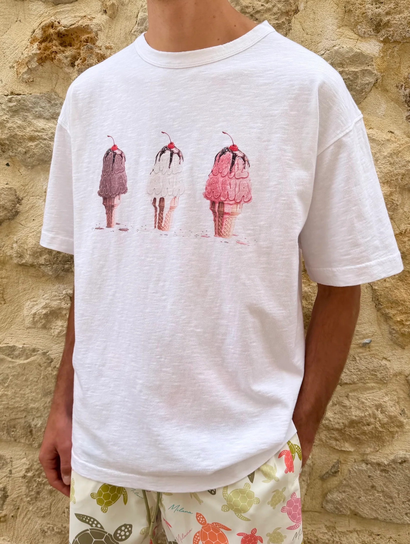 Mens White Trio Ice Cream Summer Slub T-Shirt. - Image 2