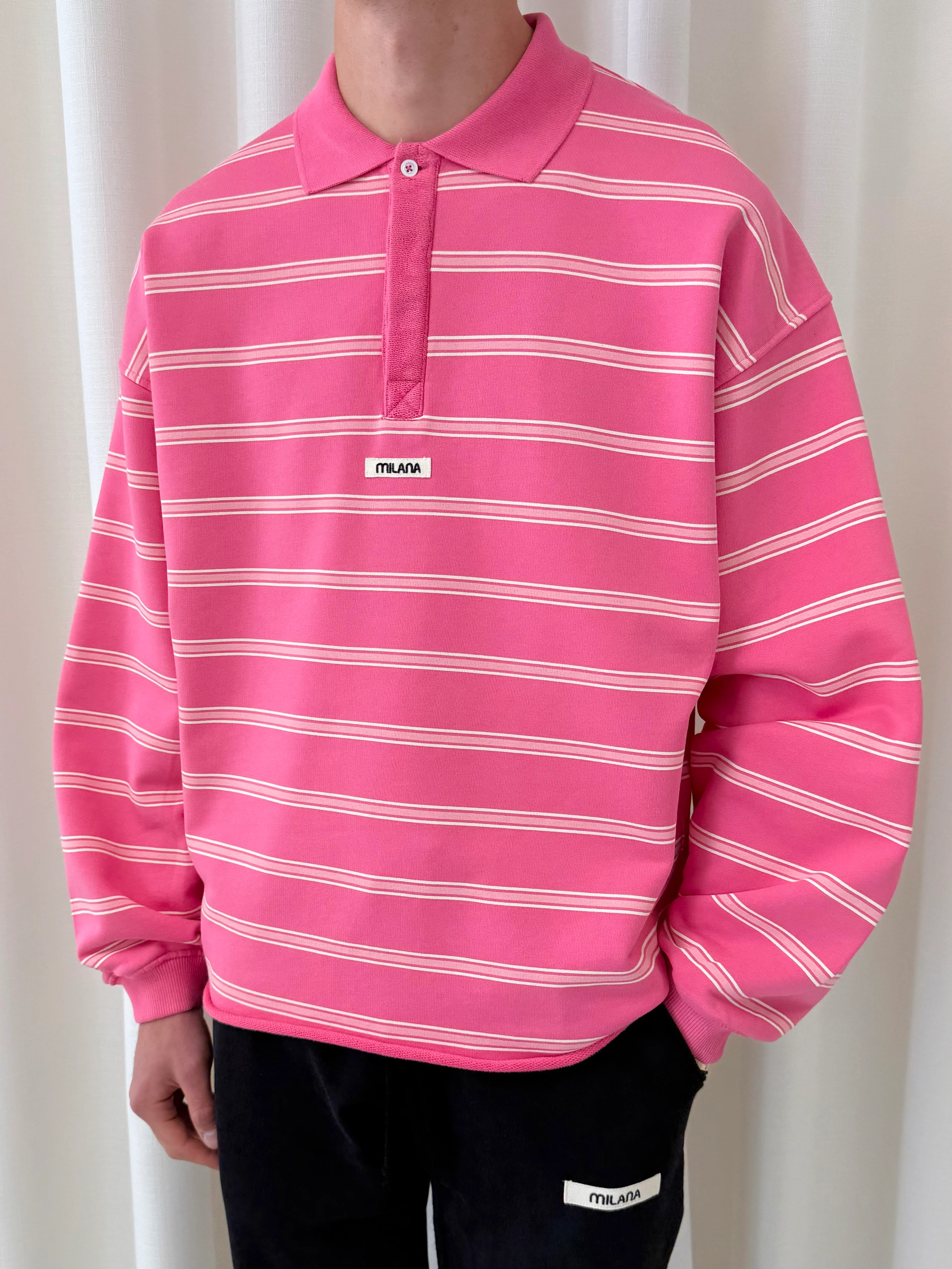 Pink Striped Open Hem Polo Sweatshirt. - Image 2