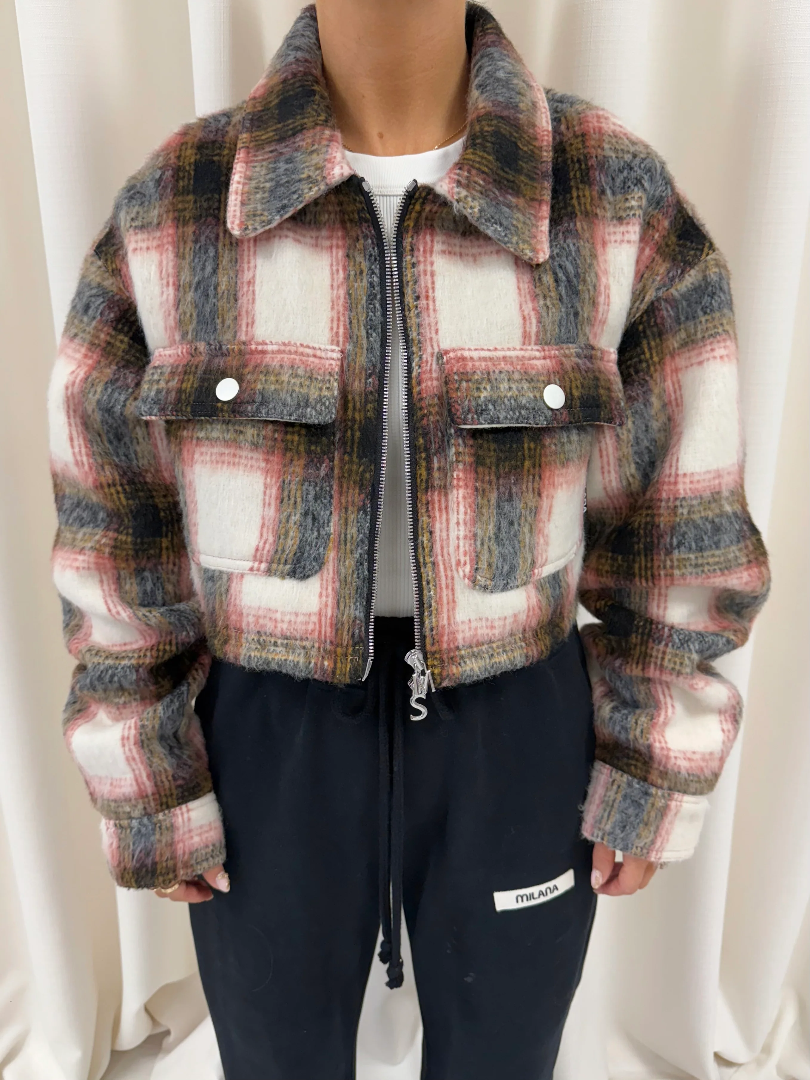Rust Wool Check Cropped Flannel Trucker Jacket.