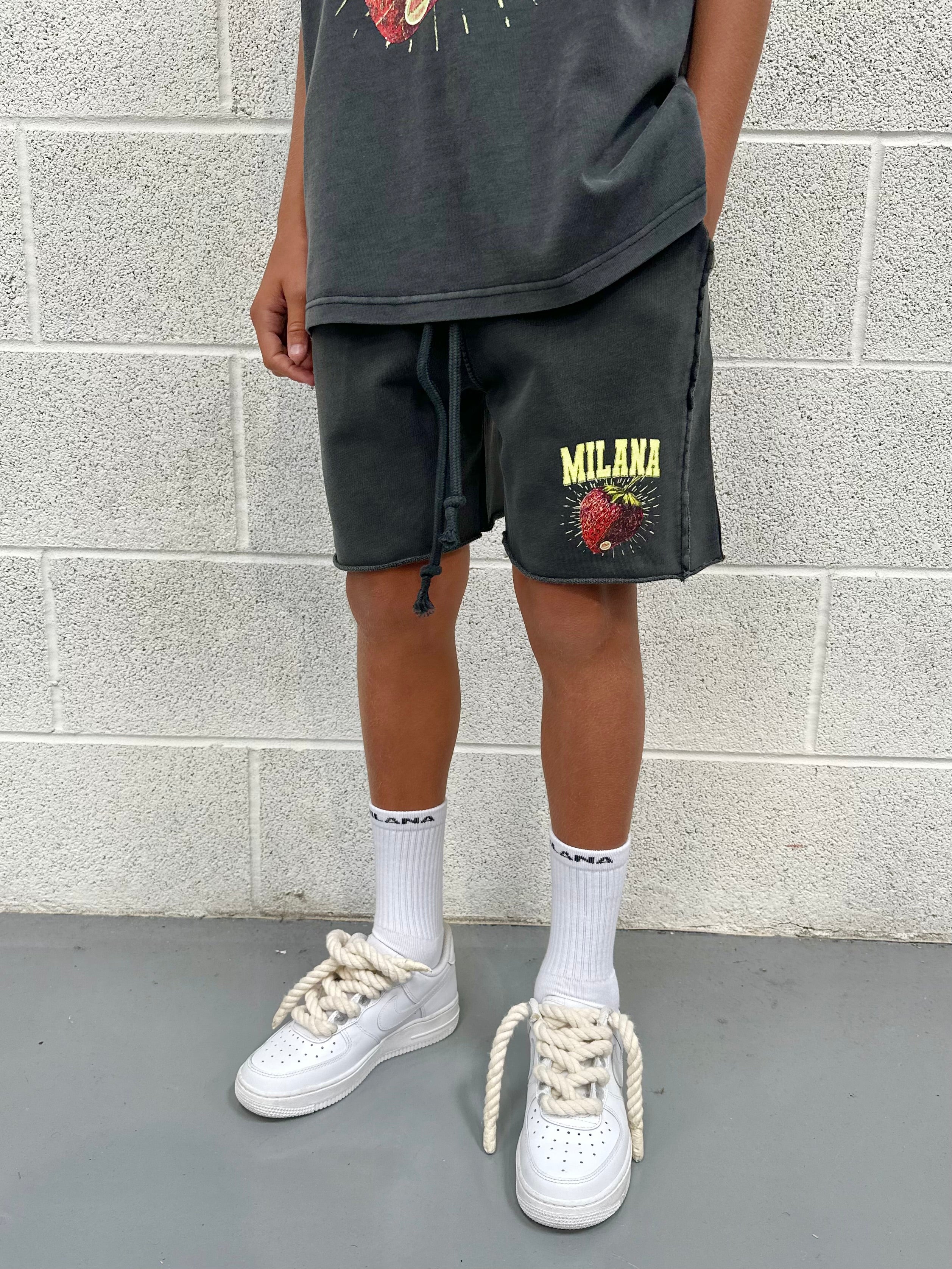 Washed Black Strawberry Kids Shorts.