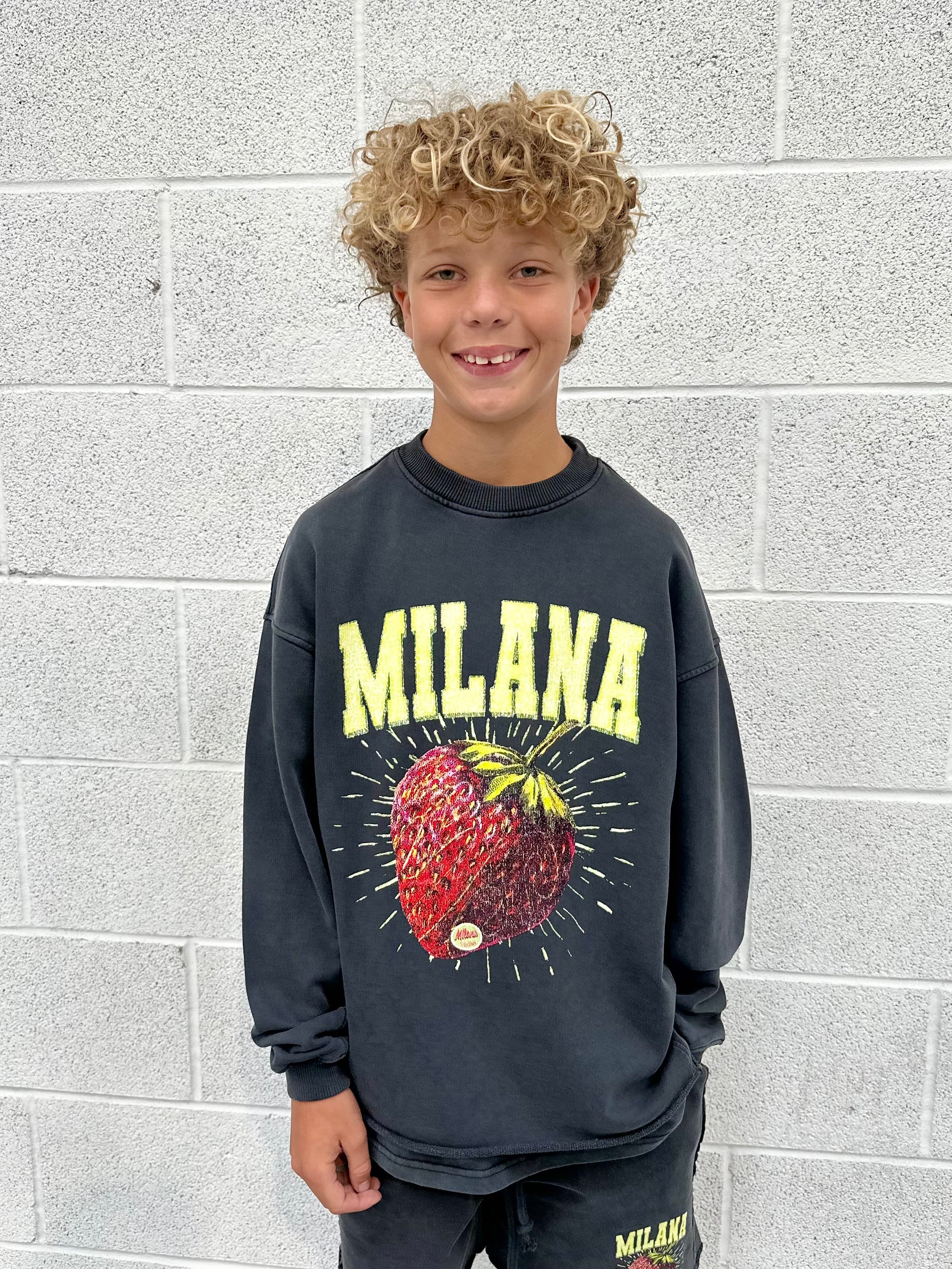 Washed Black Strawberry Kids Sweatshirt.