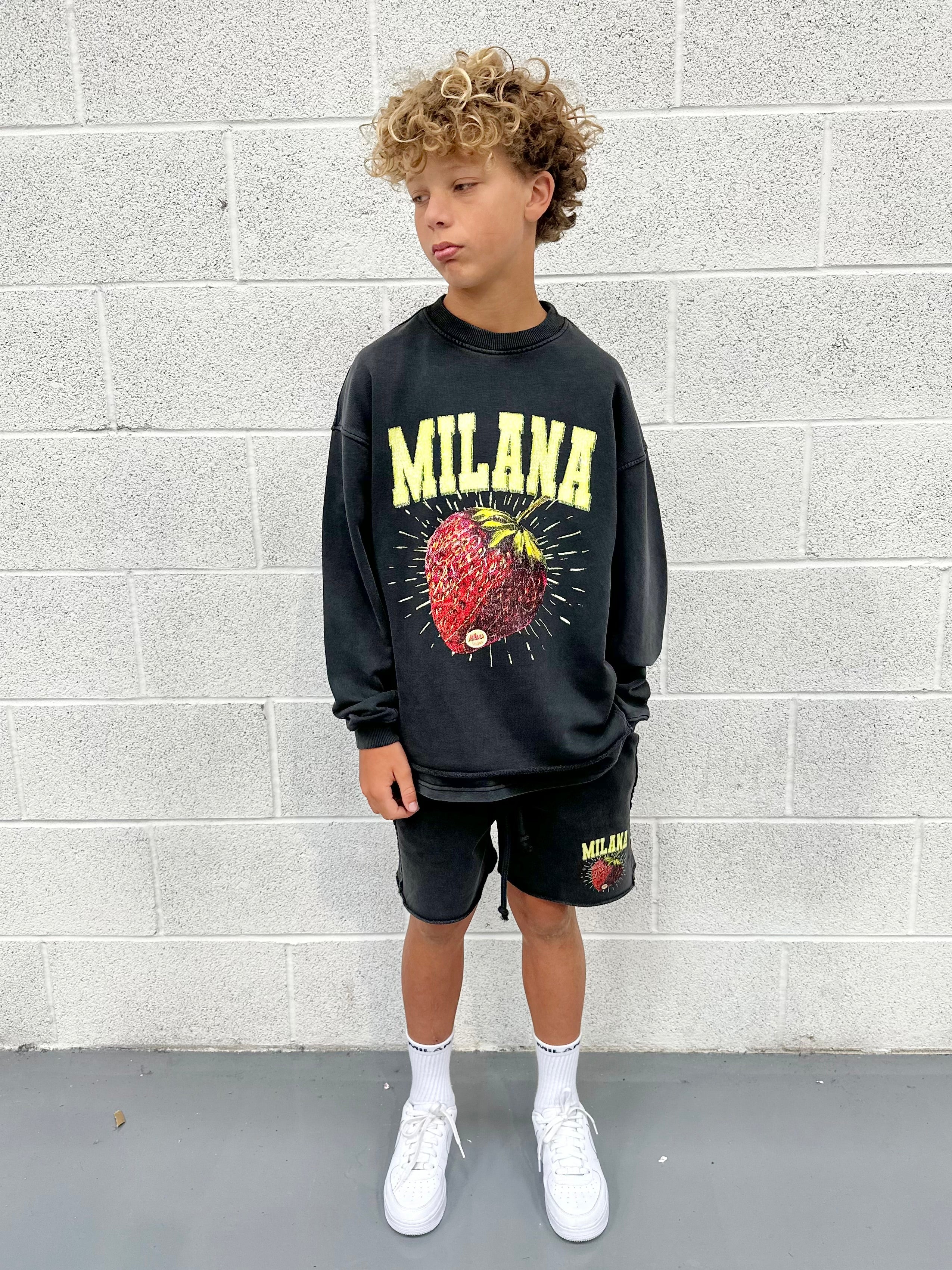 Washed Black Strawberry Kids Sweatshirt. - Image 2