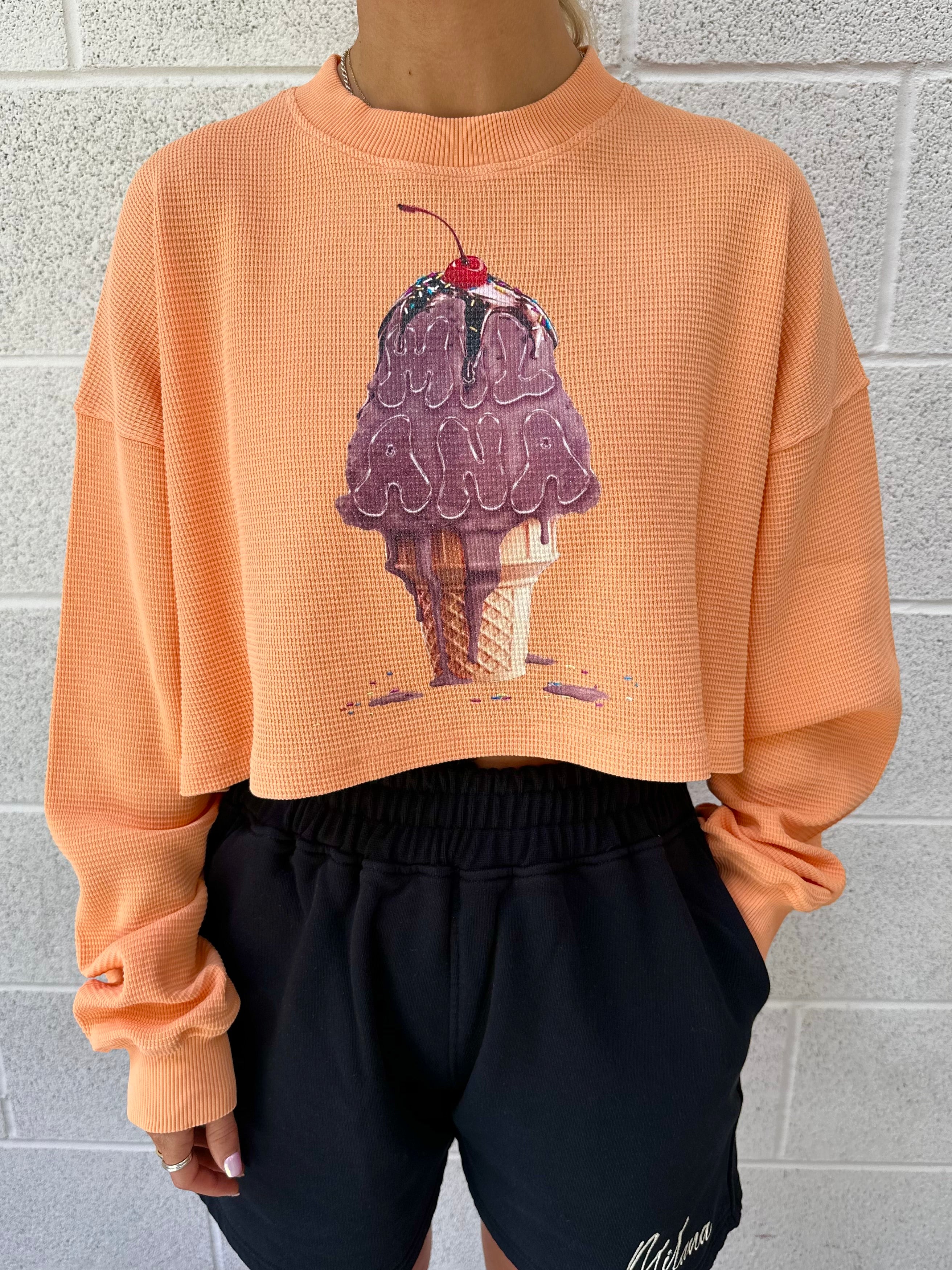 Washed Orange Ice Cream Cropped Waffle Long Sleeve T-shirt.