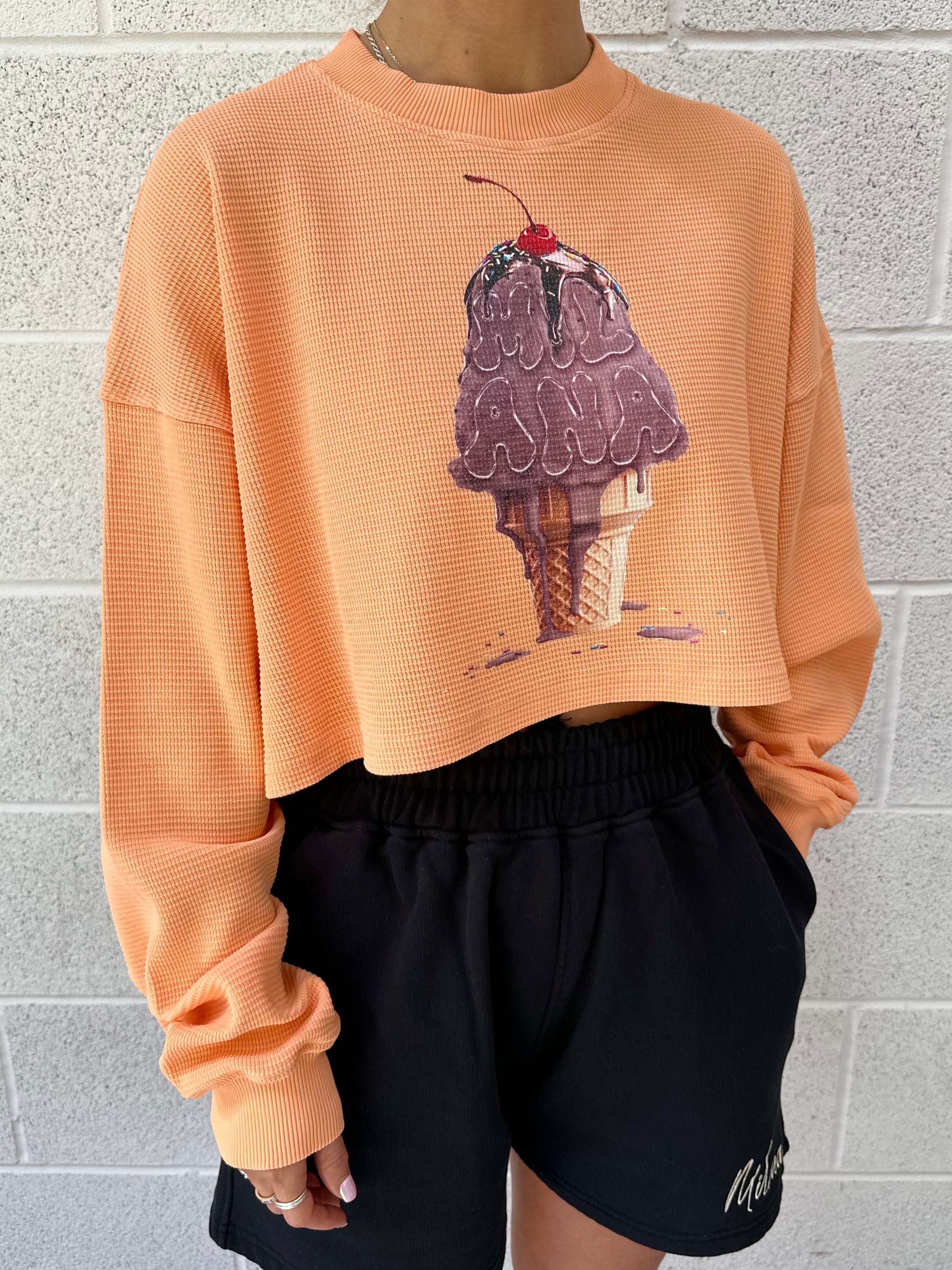 Washed Orange Ice Cream Cropped Waffle Long Sleeve T-shirt. - Image 2