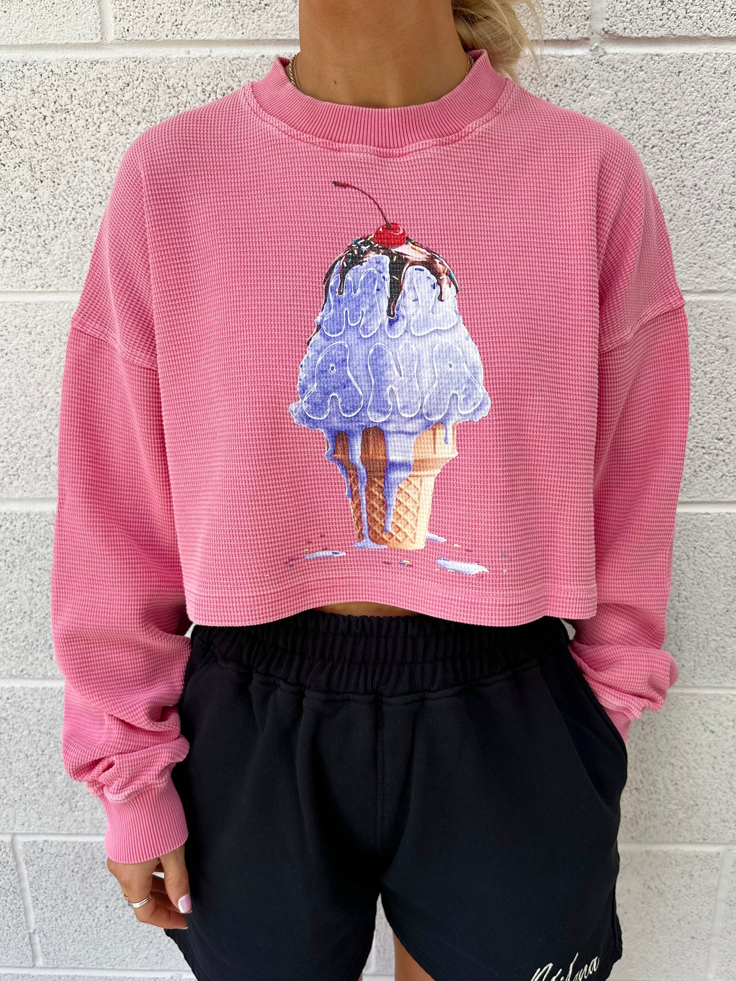 Washed Pink Ice Cream Cropped Waffle Long Sleeve T-shirt.