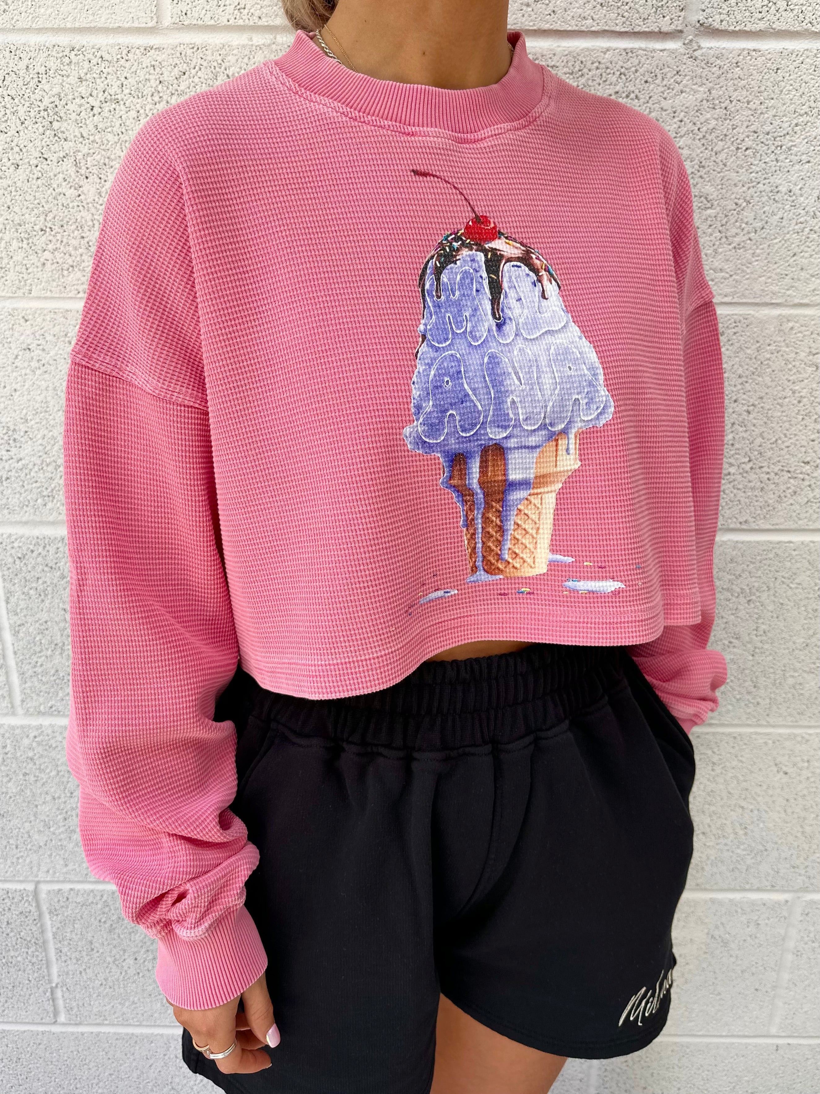 Washed Pink Ice Cream Cropped Waffle Long Sleeve T-shirt. - Image 2