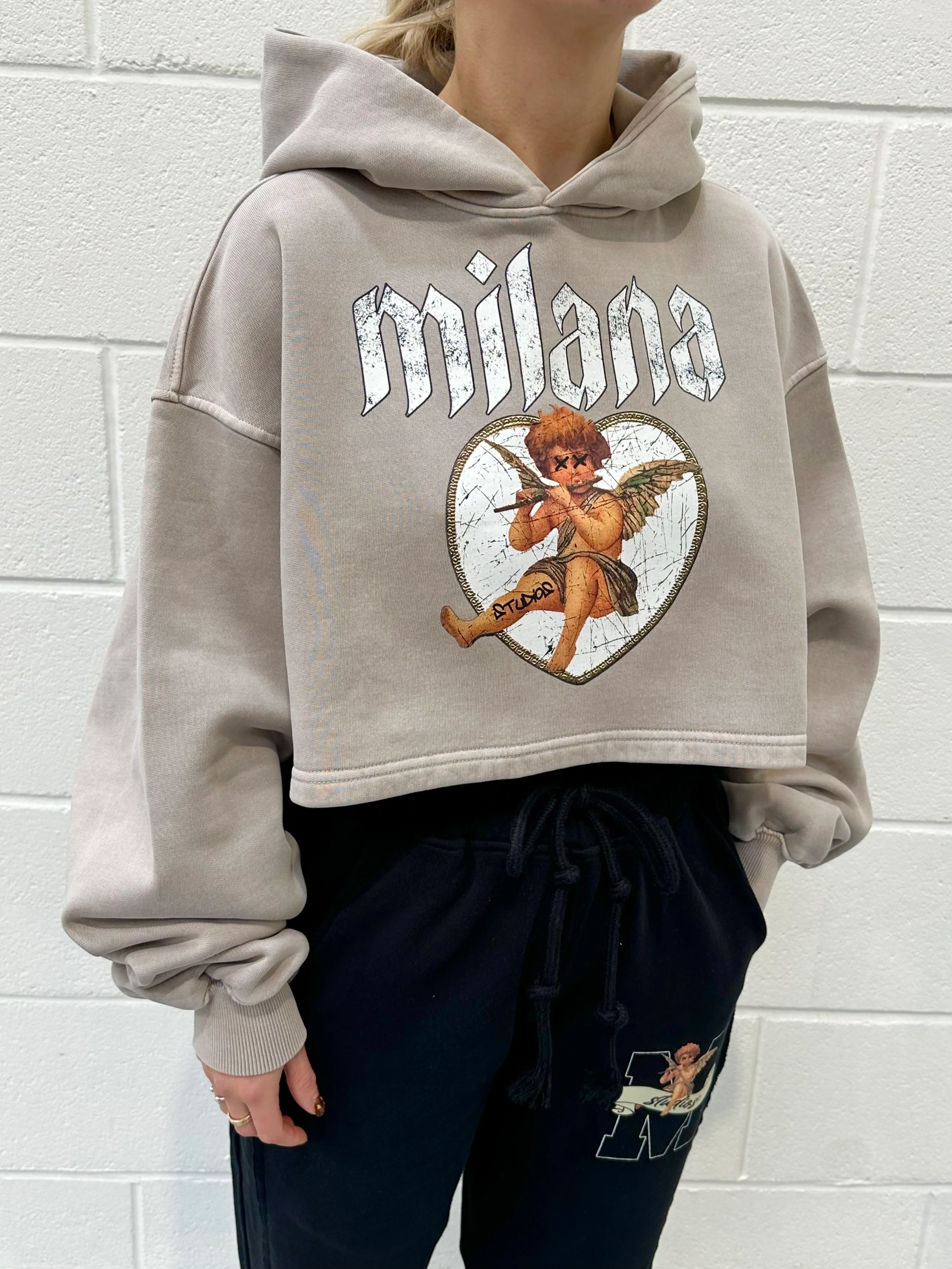 Washed Taupe Cherub Cropped Heavyweight Hoodie. - Image 2