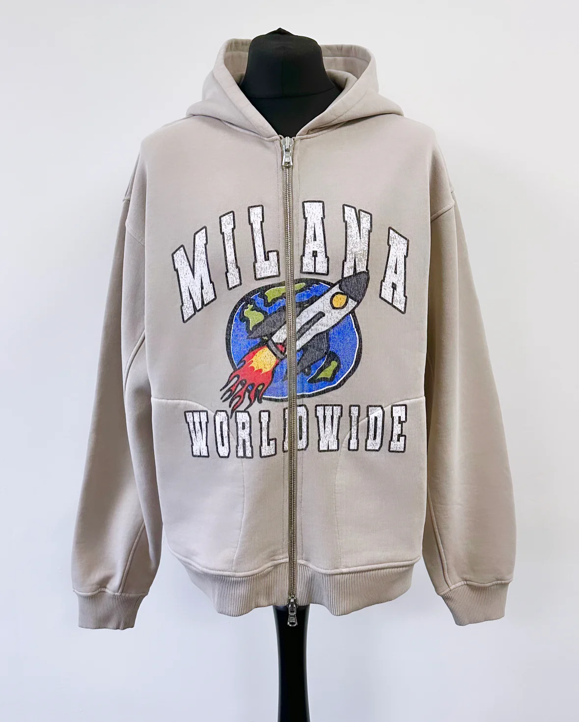 Washed Taupe Heavyweight Worldwide Zip Hoodie.