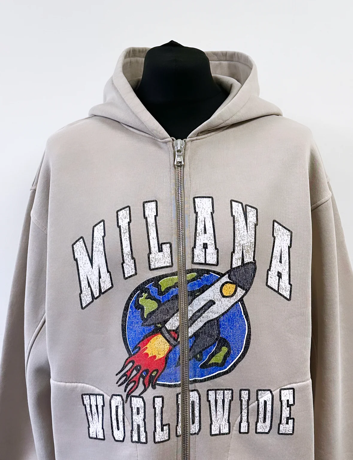 Washed Taupe Heavyweight Worldwide Zip Hoodie. - Image 2