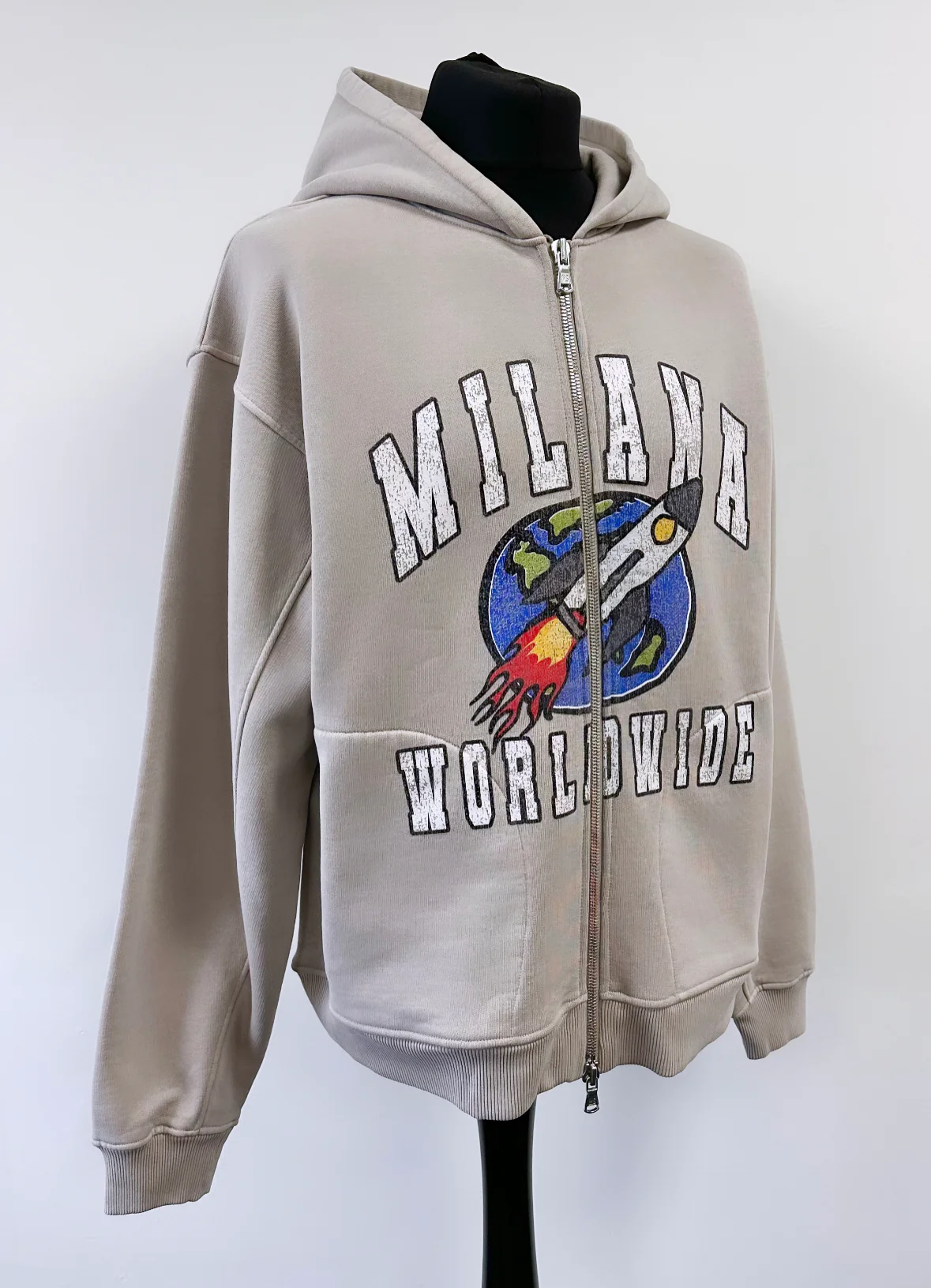 Washed Taupe Heavyweight Worldwide Zip Hoodie. - Image 4