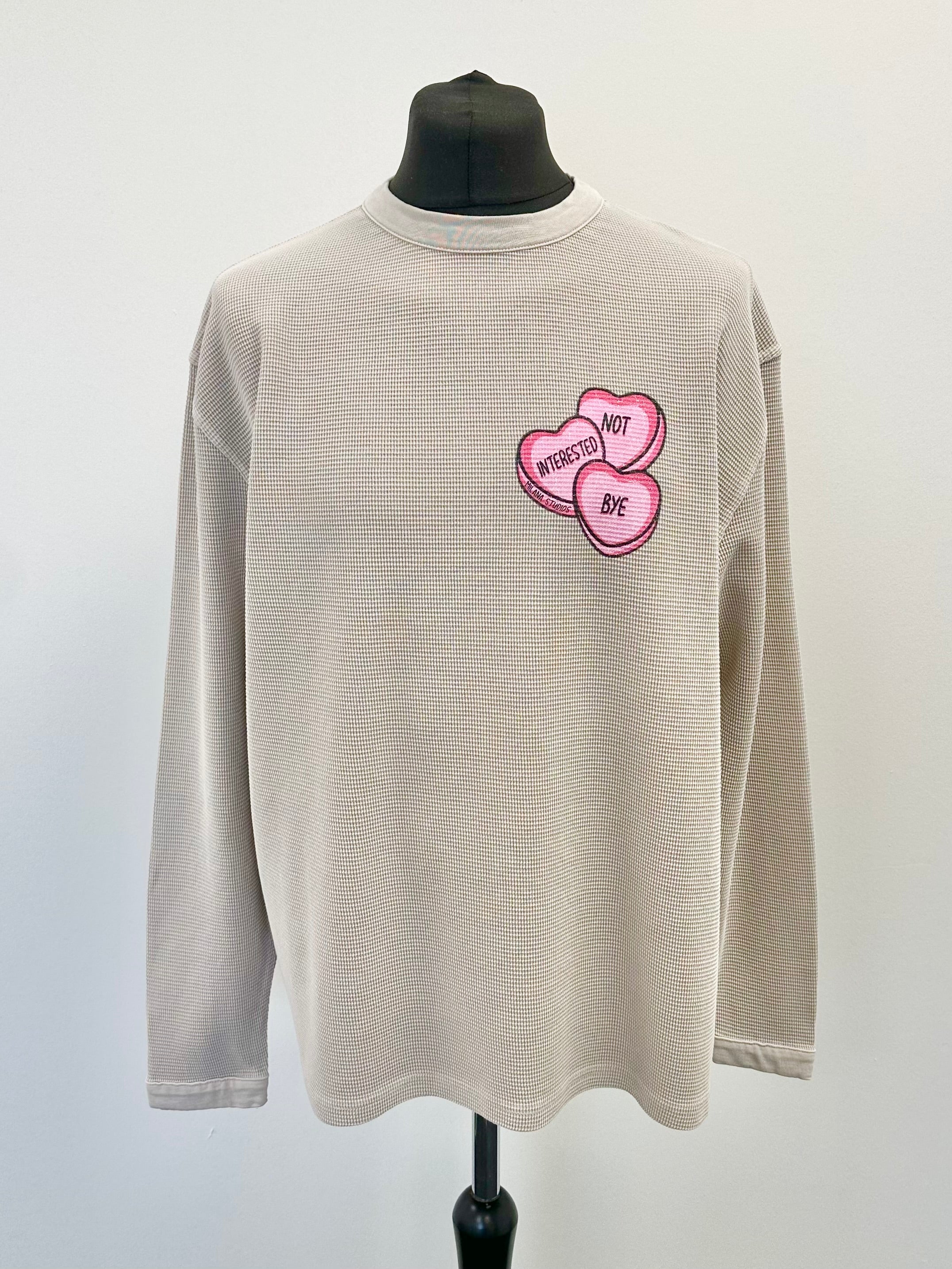 Washed Taupe Waffle Heavyweight Hearts Long Sleeve T-shirt.